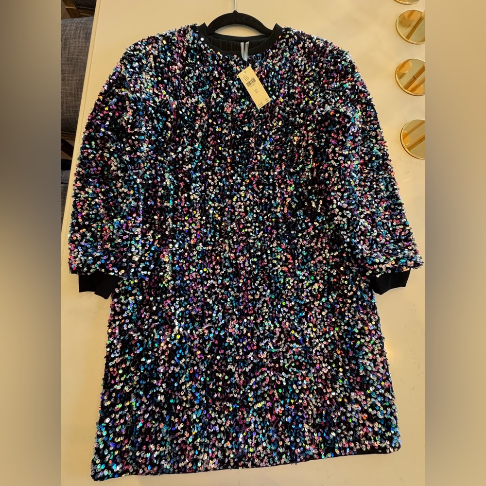 Sequin Multicolor Long Sleeve Dress - Black Base NWT